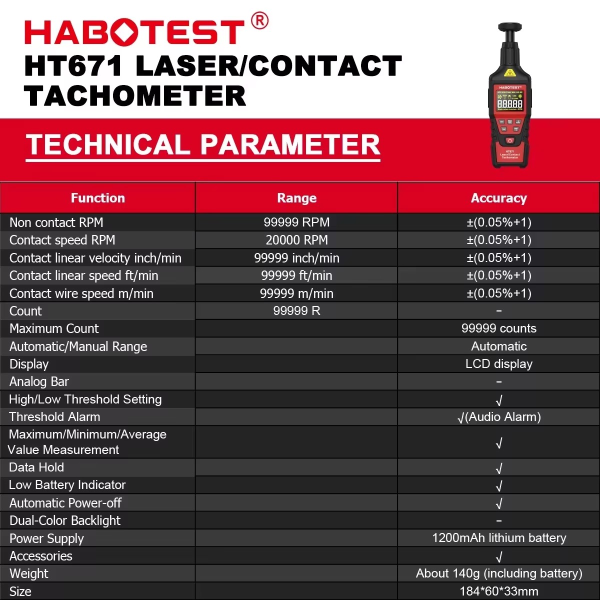 Industrial Laser Tachometer - HABOTEST HT671 Tachimetro Digitale 2-in-1 a